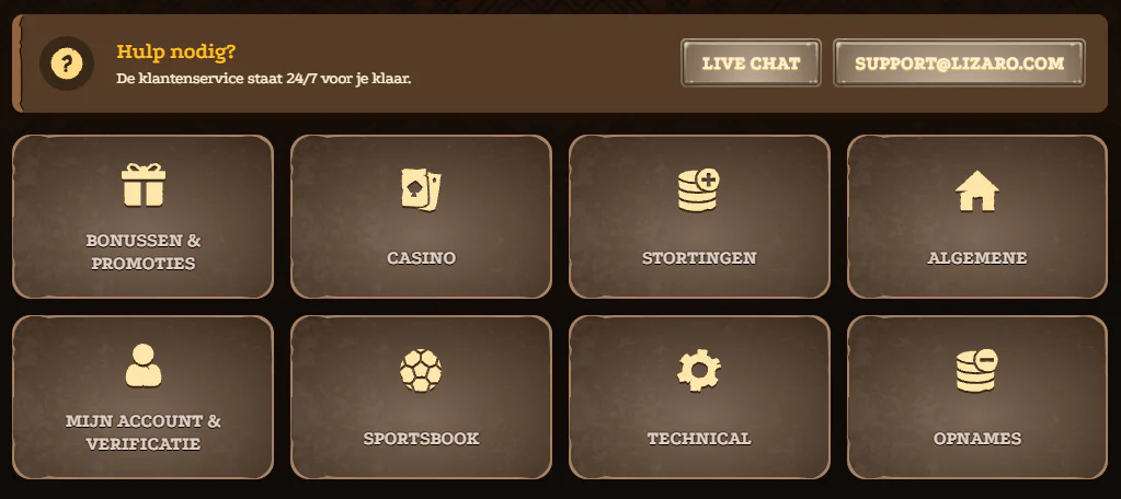 Lizaro Casino klantenservice met 24/7 livechat, e-mailondersteuning via support@lizaro.com en hulp bij bonussen, stortingen, opnames en verificatie